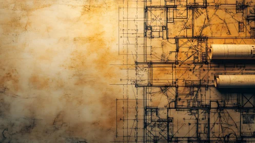 Vintage Architectural Blueprint Composition with Rolled Documents.