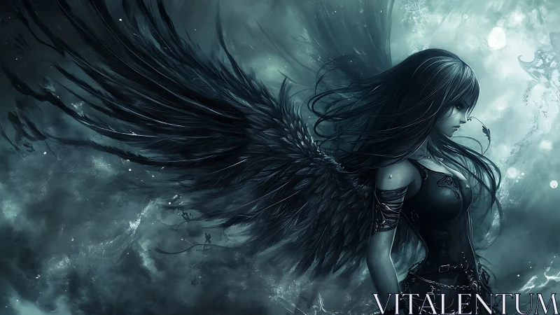 Dark winged warrior stands in stormlit ethereal void