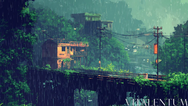 Quiet bridge town in the rain, wrapped in lush green calm.