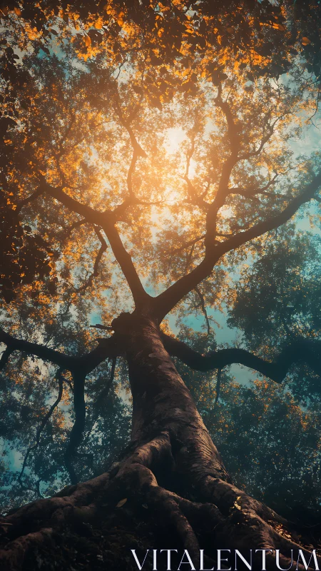 Golden canopy glow through towering forest guardian.