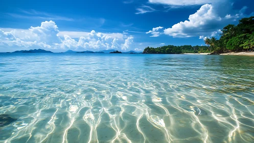 Shallow tropical waters sparkle under vivid blue skies.