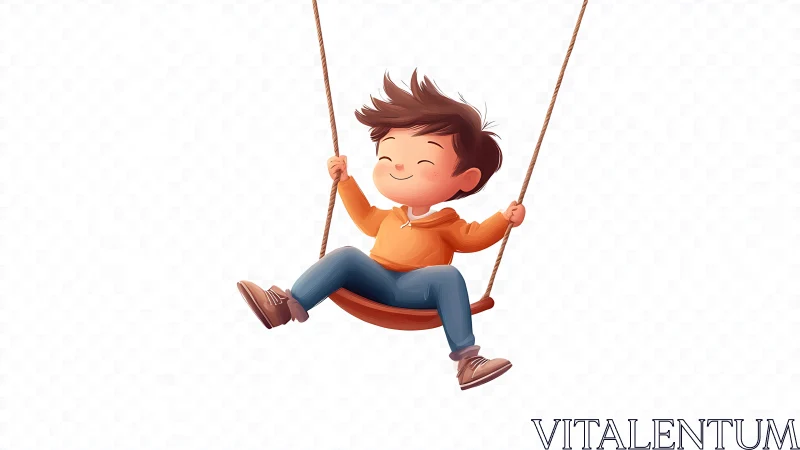 Boy swinging on rope with joyful expression, brown hair.