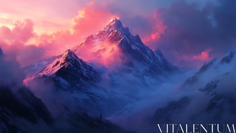 Snow-covered mountain range under pink and blue sky.