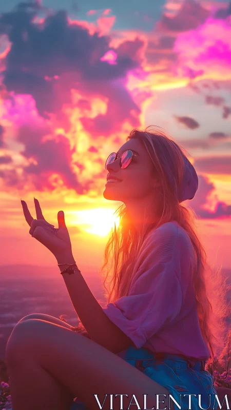 Sunlit silhouette portrait with neon gradient sunset sky.