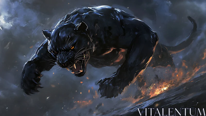 Black panther leaps through fire in stormy night scene.