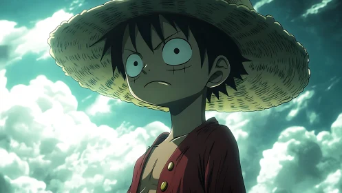 Anime straw-hat hero under dramatic cloudlit sky composition.