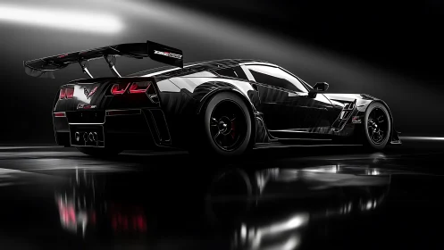 Midnight-black race car stands poised in sleek studio light