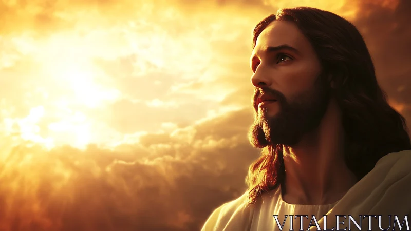 Serene robed figure under radiant golden sunset sky.