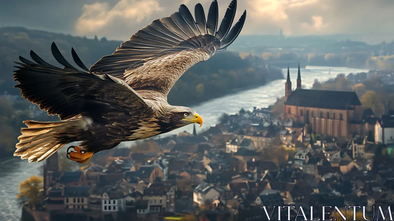 Majestic Eagle Soaring Over European Town in Dramatic Light.