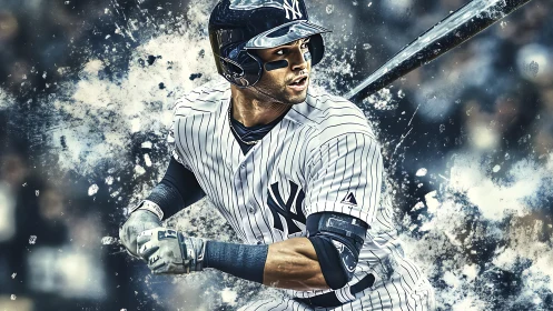 Baseball player in Yankees uniform ready to swing bat.