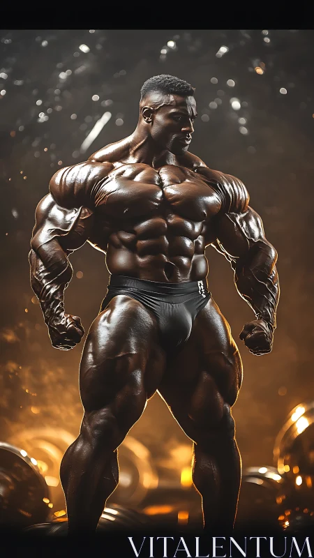 Titanic bodybuilder stands under molten gold rim light.