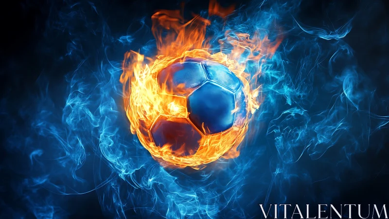 Digital painting of flaming blue soccer ball in motion vortex.