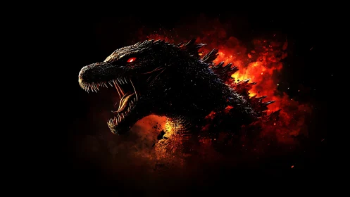 Fiery kaiju profile roaring amid explosive embers.