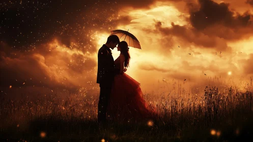 Silhouetted Couple Kissing in Golden Storm Field.