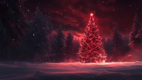 Glowing red Christmas tree illuminating snowy forest night.