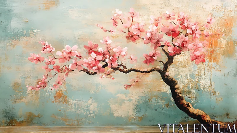 Expressive cherry blossom branch rendered in textured impasto
