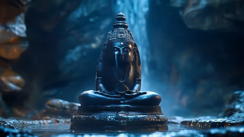 Bronze Buddha meditation statue in misty cavern waterfall light.