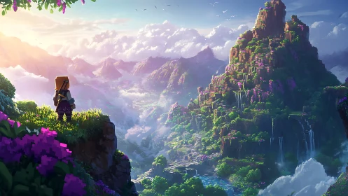 Blocky adventurer gazes over lush sunrise mountain valley