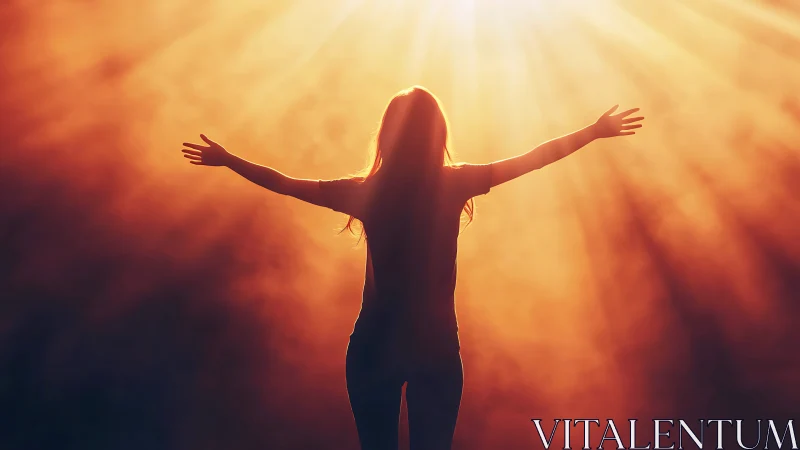 Silhouette of Woman Embracing Sunlight in Warm Radiant Scene.