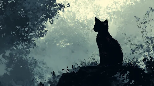 Solitary Feline Silhouette Against Luminescent Mist.