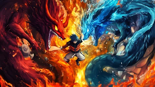 Anime elemental clash with fire demon and water dragon.
