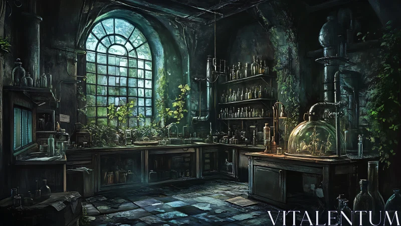 Overgrown alchemy lab with glassware and large window.