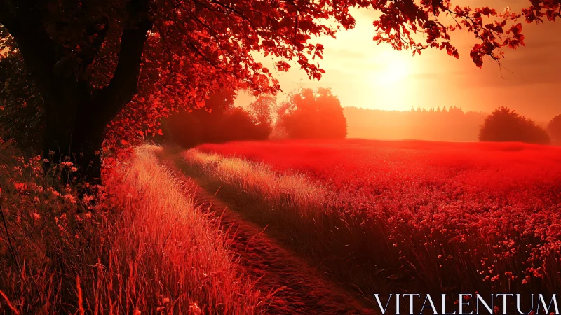 Crimson meadow at sunset with winding path under foliage.