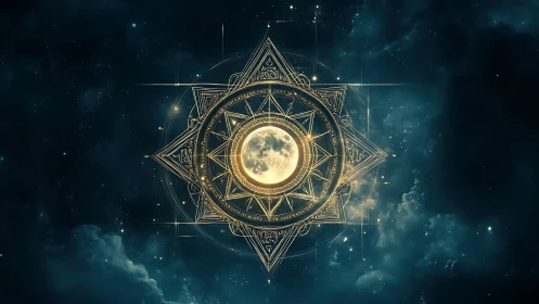 Lunar orb encased in ornate geometric astrolabe against nebular void