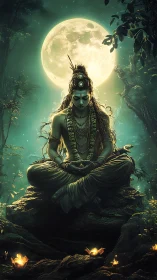 Mystic moonlit Shiva meditation in atmospheric digital painting.
