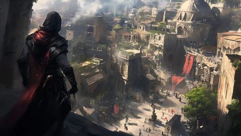 Hooded wanderer watching a sunlit city on the brink.