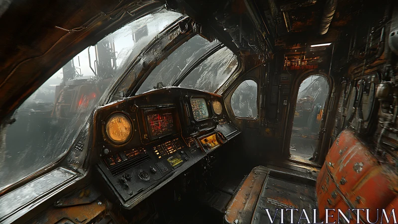 Rusty sci fi cockpit inviting you into a misty journey.