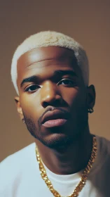Close portrait captures man with bleached hair and gold chain