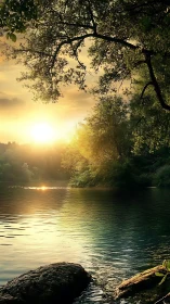 Golden lake sunrise cradled by quiet whispering trees.