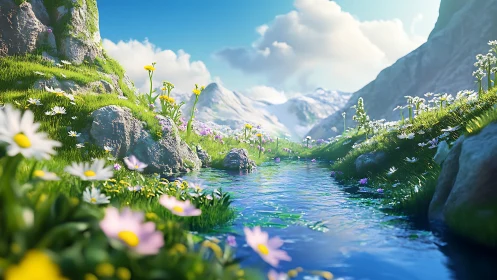 Highly saturated 3D alpine stream with detailed floral foreground depth