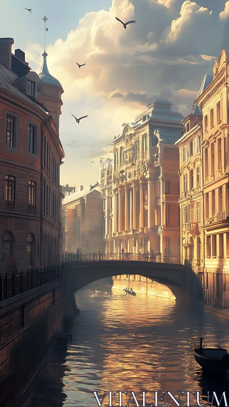 Golden canal under majestic clouds at sunrise in city.