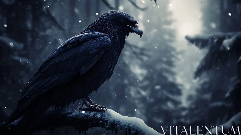 Solitary raven surveys a silent snowbound forest at dusk