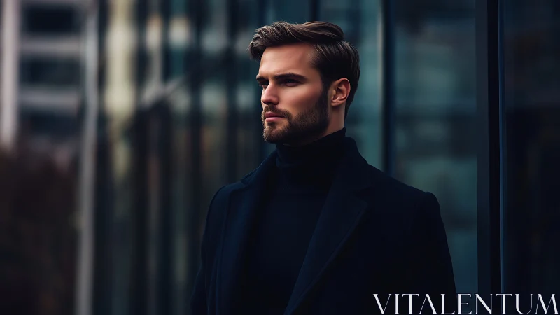 Urban evening frames a thoughtful man in sleek dark style