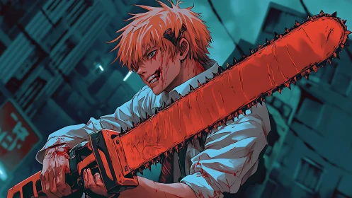 Orange haired anime figure holding bloodstained chainsaw.
