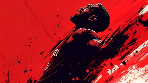 Soaring soccer celebration bursts with red energy and motion