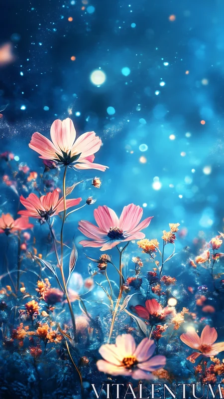 Nocturnal cosmos wildflowers under luminous bokeh nebula