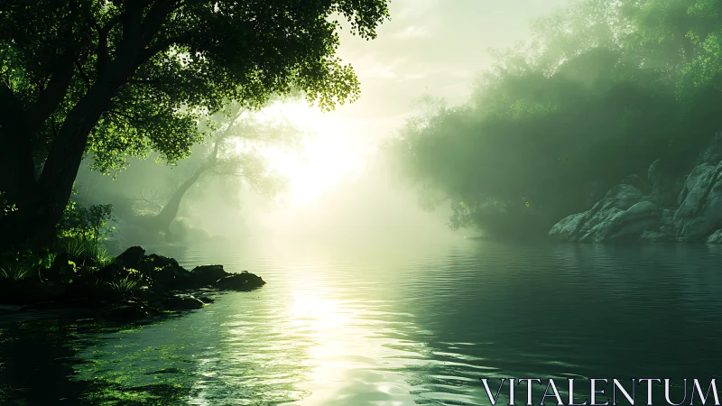 Tree-lined riverbank in soft morning mist and sunlight.
