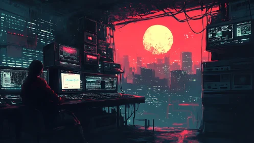 Red neon moonrise above a lone hacker&rsquo;s city lookout.