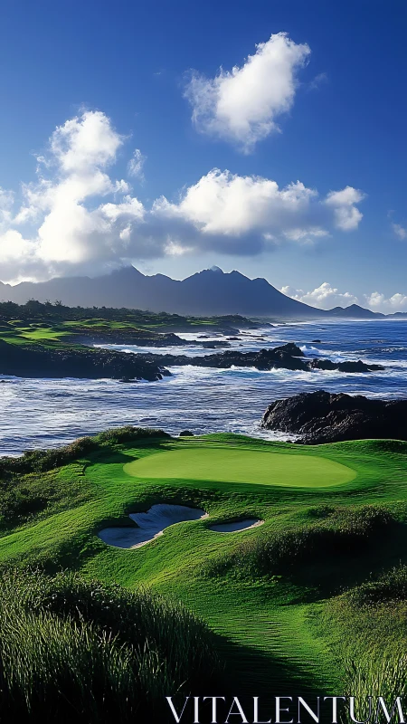 Oceanfront golf green below rugged coastal mountains.