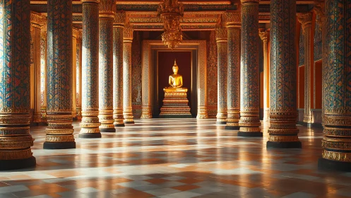 Ornate temple colonnade with gilded Buddha focal axis.