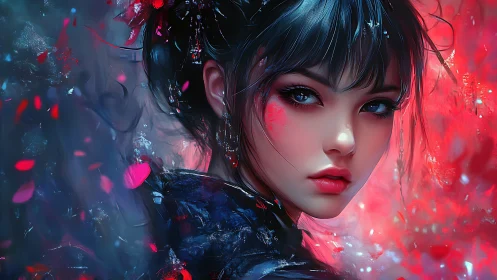 Digital portrait shows young woman framed by vivid red light