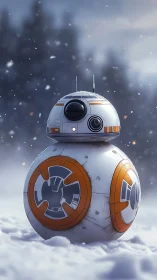 Photorealistic spherical droid portrait in winter snowscape.