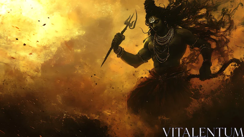 Storm-lit warrior deity with trident in swirling clouds.