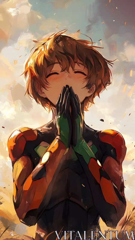 Anime pilot in armored suit under warm glowing sky.