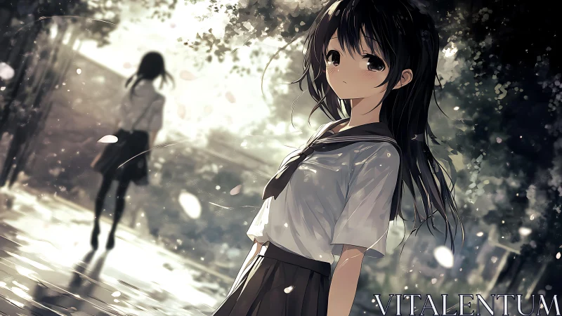 Backlit schoolgirl in uniform amid drifting petals, dusk