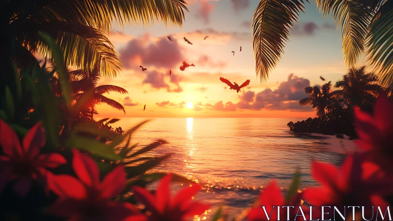 Tropical sunset seascape glows behind silhouetted palm cove